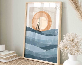 Paysage abstrait, art mural imprimable, impression de vagues de l'océan, impression de plage bohème, décoration de maison de plage, impression d'art soleil abstrait, téléchargement immédiat d'art