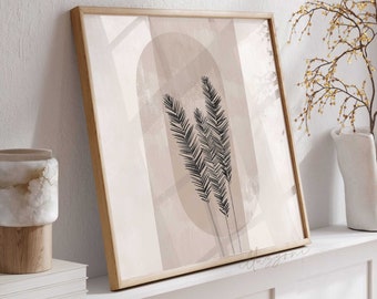 May include: A framed print with a minimalist design featuring a cluster of stylized black leaves against a soft pink and beige background. The print has a subtle geometric pattern and a circular shape in the center.