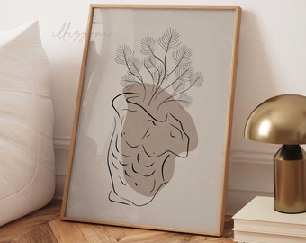 Boceto de estatua de busto, póster de estilo griego y romano, arte de pared imprimible, impresión de hojas botánicas, dibujo de una línea, tonos neutros de la tierra, escultura