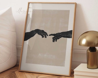 The Creation Of Adam Hands, Printable Wall Art, Michelangelo Painting, Boho Home Decor, Minimalist Abstract Silhouette, Modernist, Mythology