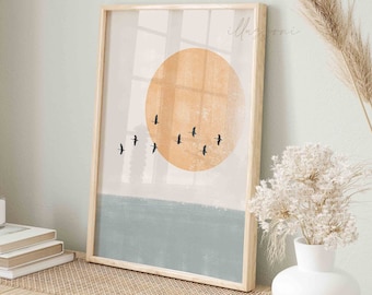 Sunset Silhouette, Flying Birds, Printable Wall Art, Modern Abstract Poster, Minimalist Sun Print, Scandi Living Room Print, Boho Home Decor