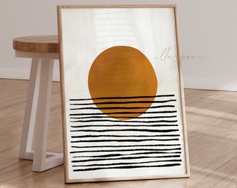 Boho Sun Print, Printable Wall Art, Mid Century, One Line Sketch, Abstract Geometric Art, Minimal Nursery Room Painting, Neutral Earth Tones