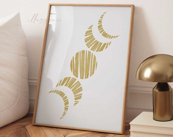May include: A framed print with a minimalist design featuring a series of gold crescent moons and circles on a white background.