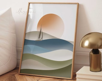 Paysage abstrait, art mural imprimable, impression de vagues de l'océan, impression de plage bohème, décoration de maison de plage, impression d'art soleil abstrait, téléchargement immédiat d'art