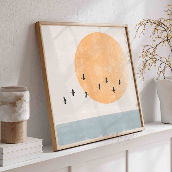 Sunset Silhouette, Birds Art Print, Printable Wall Art, Modern Abstract Art, Boho, Minimalist Sun Print, Scandi Living Room, Boho Home Decor