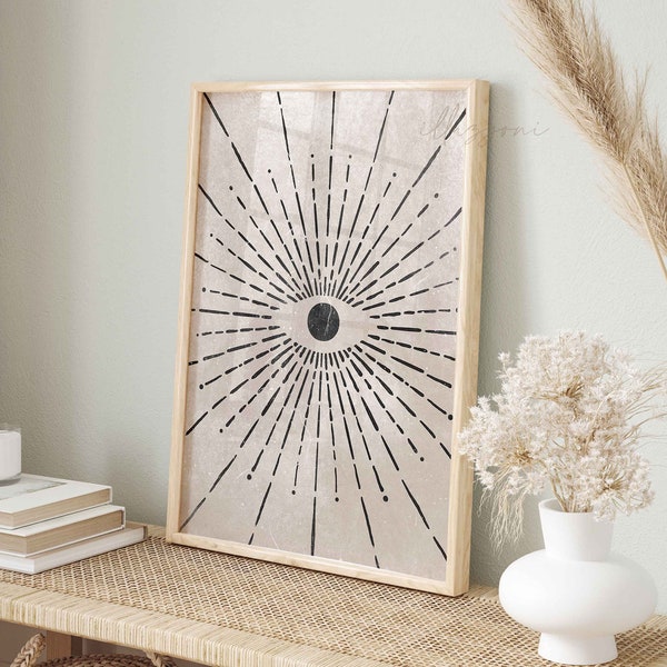 All Seeing Eye Poster, Printable Wall Art, Abstract Sun Print, Mid Century, Evil Eye Wall Art, Sunburst, Boho Home Decor, Nursery Room Print