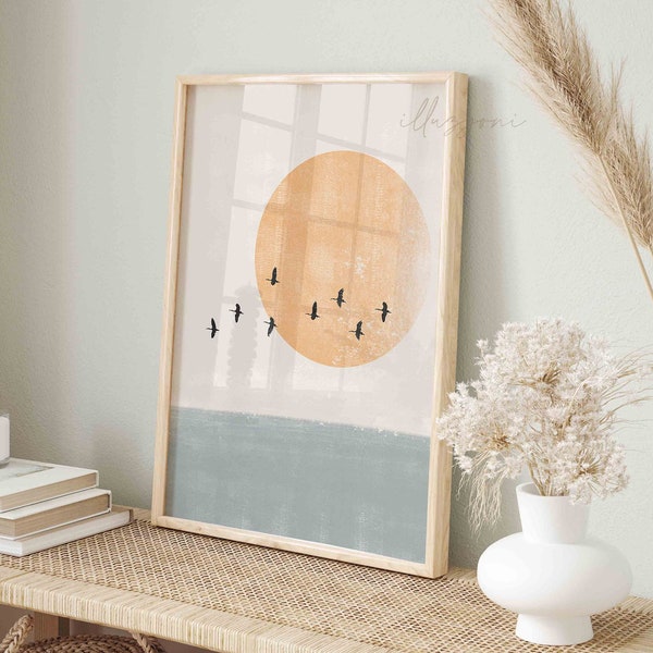 Solnedgångssilhuett, flygande fåglar, utskrivbar väggkonst, modern abstrakt poster, minimalistisk soltryck, skandinavisk vardagsrumstryck, bohemisk heminredning