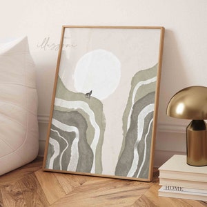 Boho Home Decor, Minimal Wolf Print, Abstract Mountain Print, Landscape, Printable Wall Art, Moon Painting, Sunburst Poster, One Line Sketch