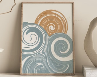 Paysage abstrait, art mural imprimable, impression vagues de l'océan, impression plage bohème, décoration maison de plage, impression soleil abstrait minimaliste, art mural bohème