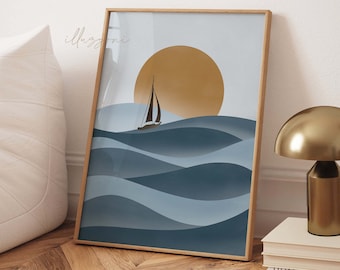 Paysage abstrait, art mural imprimable, impression de vagues de l'océan, impression de plage bohème, décoration de maison de plage, impression d'art soleil abstrait, téléchargement immédiat d'art