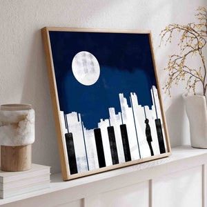 Midnight Jazz Music Poster, Printable Wall Art, Vintage Jazz Print, Retro Concert Print, Piano Wall Art, Abstract Wall Art, Blue Moon Poster