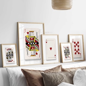 Carte da gioco, Set di 5 stampe, Regina e Re di Cuori, Cuori, Stampa reale, Arte della parete stampabile, Metà secolo, Poster minimalista e geometrico