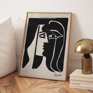 Picasso Kiss Poster, Printable Wall Art, Modern, Minimal Exhibition Art, Neutral Earth Tones, Abstract Monochrome Drawing, Living Room Decor