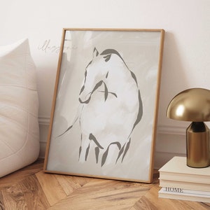 Abstrakte Pferdezeichnung, druckbare Wandkunst, Boho-Dekoration, minimale Tierzeichnung, modernistisch, Wohnzimmerkunst, neutrale Erdtöne