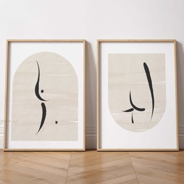 Woman Body Sketch Set of 2 Prints, Minimal, One Line Drawing, Mid Century, Printable Wall Art, Boho Home Decor, Living Room Poster, Abstract