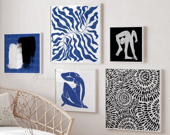 Abstrakt Blau Set von 5 Prints, druckbare Wandkunst, modern, Boho Wohndekor, geometrische Formen, Minimal Picasso Acrobat, botanische Matisse Kunst