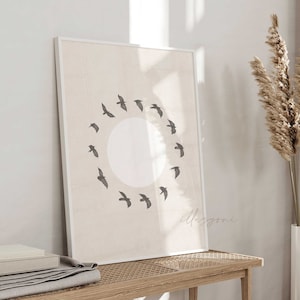 Zonsondergang silhouet, vogels Art Print, afdrukbare muurkunst, moderne print, abstracte kunst, minimalistische zon print, Scandi woonkamer, Boho print