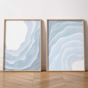 Dibujo abstracto de ondas azules, arte de pared imprimible, océano azul, pintura de paisaje, impresión de hogar boho, decoración de sala de estar, tonos neutros geométricos
