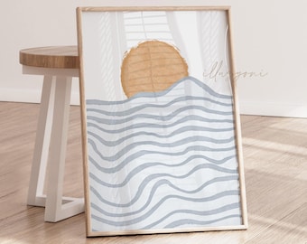 Paysage abstrait, art mural imprimable, impression de vagues de l'océan, impression de plage bohème, décoration de maison de plage, impression d'art soleil abstrait, téléchargement immédiat d'art