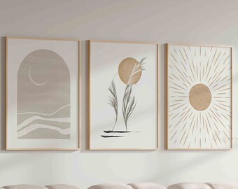 Boho Set of 3 Prints, Sun and Moon, Sunburst Art, Printable Wall Art, Botanical Leaf Print, Geometric Poster, Nursery Print, Living Room Art