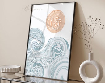 Paysage abstrait, art mural imprimable, impression vagues de l'océan, impression plage bohème, décoration maison de plage, impression soleil abstrait minimaliste, art mural bohème