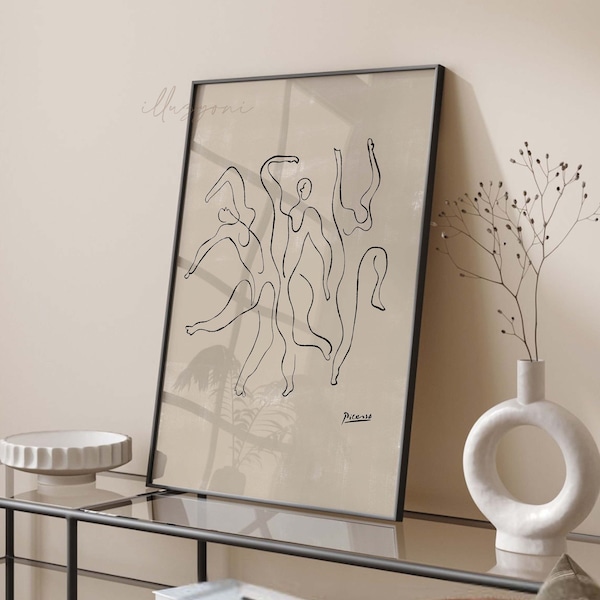 Picasso Dance Figures, One Line Sketch, Modern, Minimalist, Abstract Poster, Museum Exhibition, Boho Home Decor, Living Room Print, Bohemian