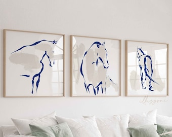 Abstract Horse Sketch, Set of 3, Printable Wall Art, Minimal Picasso Print, Blue One Line Drawing, Boho Home Decor, Modern, Nursery Room Art
