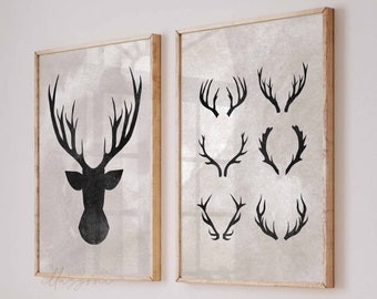 Deer Print, Printable Wall Art, Set of 2, Deer Antlers, Wilderness Wall Art, Nursery Black and White, Animal Print, Printable Art, Deer Head