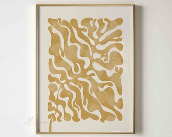 Può includere: Una stampa astratta incorniciata con uno sfondo dorato e un design astratto bianco. Il design è composto da forme e linee organiche.