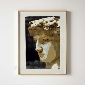 May include: A framed print of a close-up of a sculpted bust of a person with a textured, painted surface. The bust is painted in shades of brown, beige, and white. The background is black.