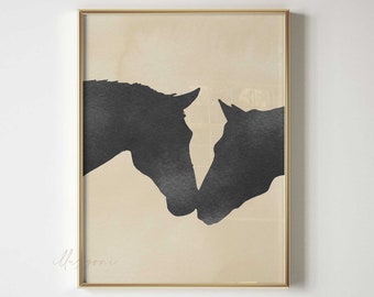 May include: A beige background with two black horse silhouettes facing each other. The horses' heads are touching, creating a heart shape. The text "illus. sonic" is in the bottom left corner.