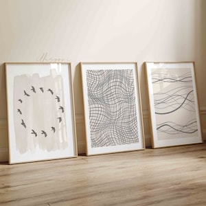 Boho Abstraktes 3er Set, druckbare Wandkunst, Eine Linie Skizze, Abstrakte Wellen, Moderne Wandgalerie, Minimales Poster, Kurven Schwarzes Poster