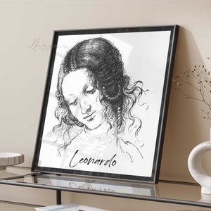 Affiche Léonard de Vinci, art mural imprimable, tête de femme, art mural Renaissance italienne, femme abstraite, dessin de visage, affiche de l&#39;exposition