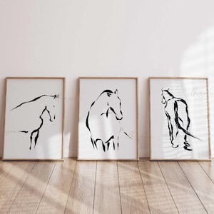 抽象的な馬の絵 3 枚セット、印刷可能な壁アート、ボヘミアン ホーム デコレーション、ミニマル、ワン ライン スケッチ、リビング ルーム デコレーション、ボヘミアン、白黒