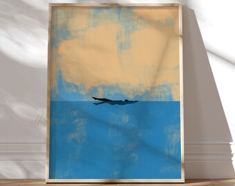 Puede incluir: Una pintura abstracta enmarcada con un esquema de color azul y amarillo. La pintura representa la silueta de una persona nadando en el agua.