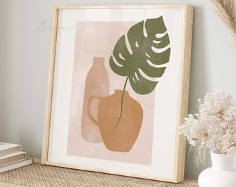 Arte de pared botánico, arte de pared imprimible, impresión de sol boho, mediados de siglo, planta de hoja minimalista, flor abstracta de terracota, estallido de sol boho moderno