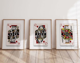 Playing Cards, Set of 3 Prints, Queen and King Of Hearts, Hearts, Royal Print, Printable Wall Art, Mid Century, Minimalist, Geometric Poster