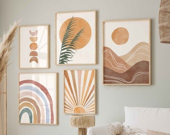Abstract Boho Set of 5 Prints, Nursery Room Art, Mid Century, Printable Wall Art, Boho Home Decor, Modern One Line Sketch, Living Room Decor