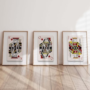 Jeu de cartes, lot de 3 impressions, reine et roi de coeur, coeurs, impression royale, art mural imprimable, milieu du siècle, minimaliste, affiche géométrique