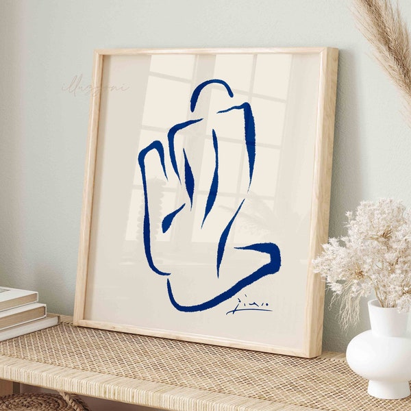 Blue Drawing, One Line Sketch, Printable Wall Art, Picasso Print, Minimalist Wall Art, Living Room Decor, Abstract Woman Body, Boho Wall Art