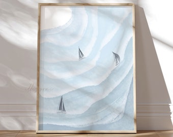 Abstract Sailboat Wall Art, Printable Wall Art, Ocean Poster, Landscape Print, Minimal, Boat Print, Beach Poster, Blue Waves, Sand, Boho Art