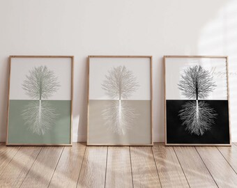 May include: Three framed prints of a stylized tree with roots, each with a different background color: green, beige, and black.