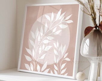 Pink Botanical Wall Art, Printable Wall Art, Bohemian Poster, Modern, Minimalist Art, Leaf Plant, Abstract Flower Wall Print, Boho Sun Print