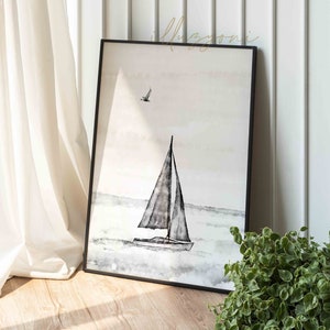Impresión de velero, arte de pared imprimible, blanco y negro, arte de pared náutica, boho, minimalista, cartel de barco, arte de la pared del barco, decoración de la habitación de la guardería