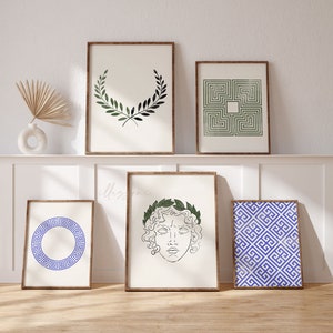 Minimal Greek Style Set of 5 Prints, Bust Statue, Printable Wall Art, Blue Mandala, Green, Greek Symbols, Greek and Roman, God Apollo Helios