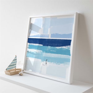 Blaues Quadrat Boho Landschaft Druck, druckbare Wandkunst, Blauer Ozean, abstrakte Galeriewand, Boho Sun Poster, Sommer Wandkunst, minimalistisches Poster