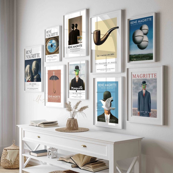Rene Magritte Set von 9 Drucken, druckbare Wandkunst, Ausstellungsdruck, Boho-Wohnkultur, Vintage Museum, Wohnzimmerdruck, surrealistische Wandkunst