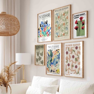 Mercado de flores, Conjunto de 6 grabados, Cartel de exposición, Arte de pared imprimible, Arte floral, Botánico, Cartel digital, William Morris, Impresión Matisse