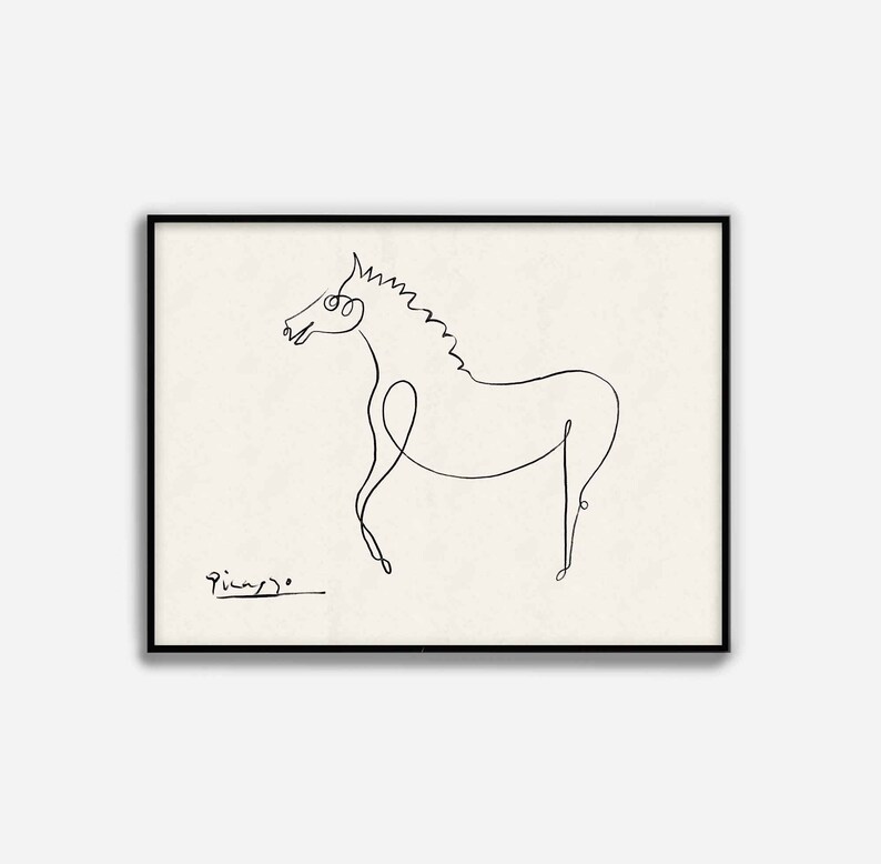 May include: A black and white line drawing of a horse by Pablo Picasso. The drawing is in a simple style, with the horse's body and legs represented by a single continuous line. The horse's head is turned to the side, and its mane is flowing in the wind. The drawing is signed "Picasso" in the lower left corner.