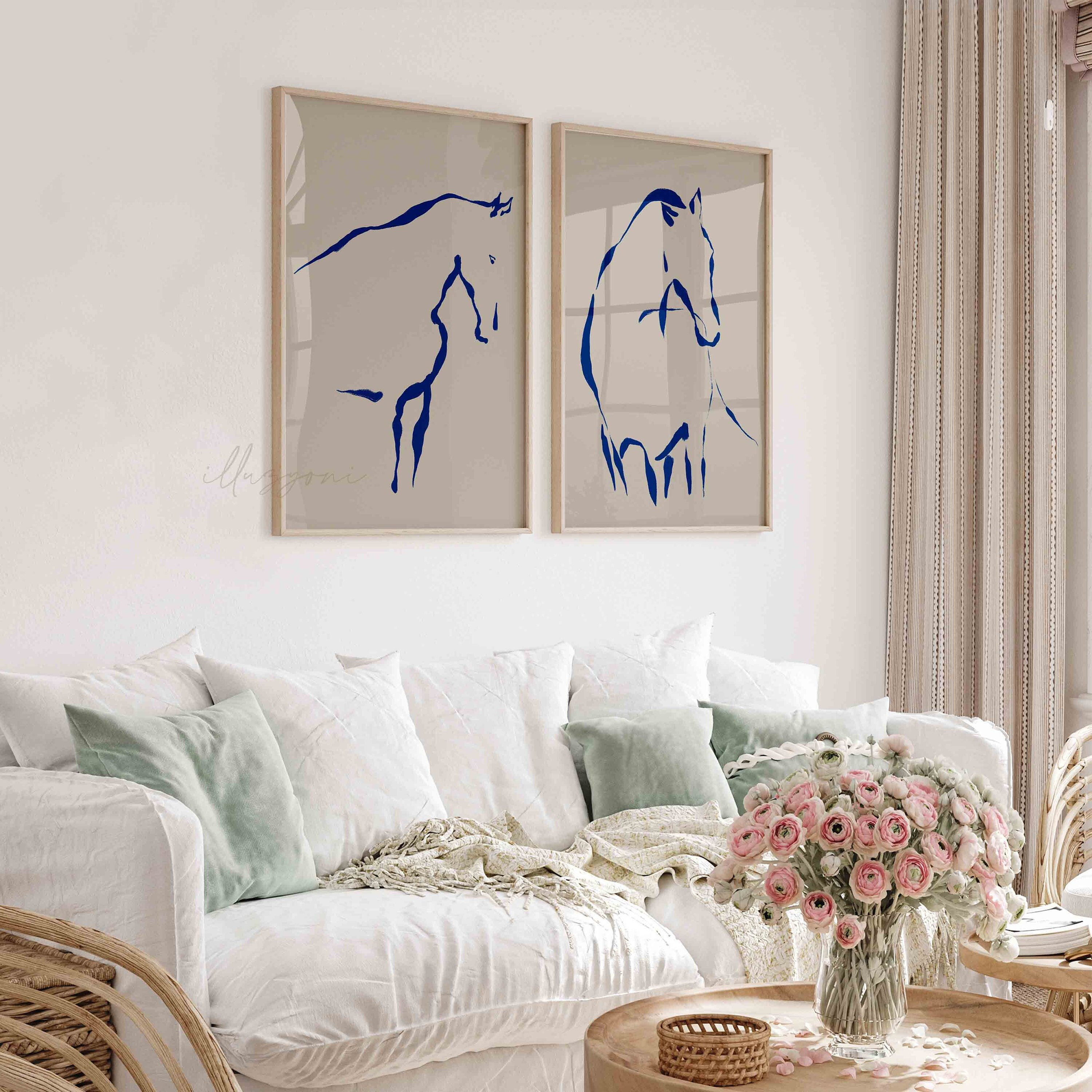 Abstract Set of 2 Horse Drawing, Printable Wall Art, Boho Home Wall Art, Minimal Blue One Line Sketch, Modernist Living Room Decor, Bohemian